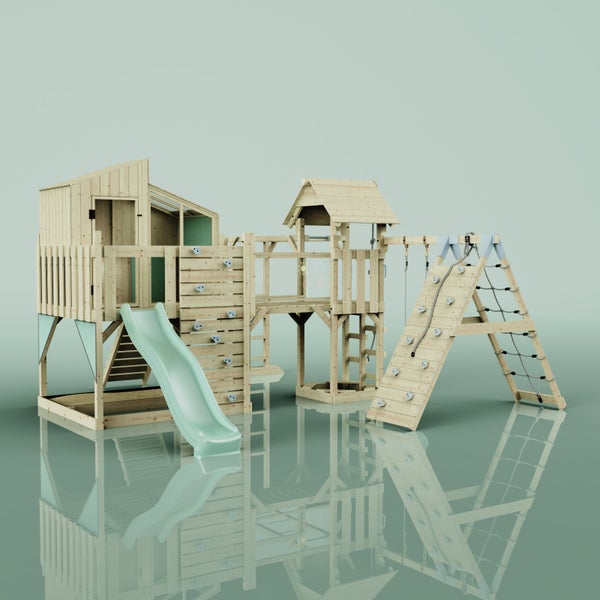 Holzspielplatz mit Rutsche, Kletterwand und Spielhaus