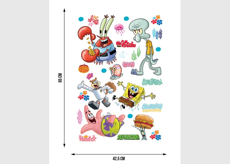 Wandsticker-Set mit Motiven von SpongeBob Schwammkopf und seinen Freunden, Abmessungen 42,5 mal 65 Zentimeter.