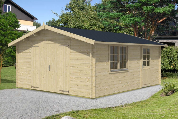 Alpholz Holzgarage B-44 ISO mit 2-flg, Holzgaragentor Garage aus Holz, Unterstellplatz mit 44 mm Wandstärke, Fertiggarage mit Montagematerial, Naturbelassen 4,7x5,7m