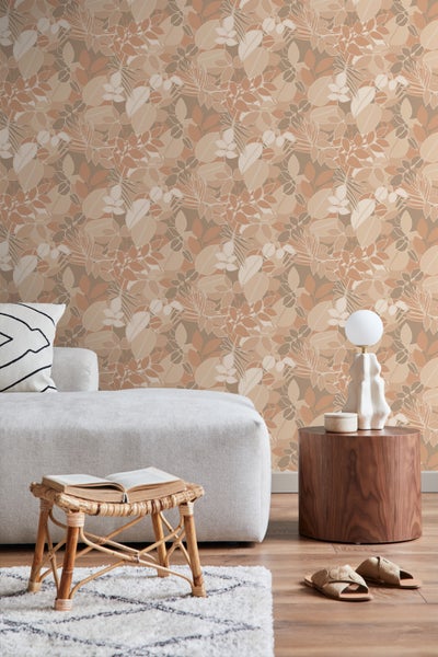 ESTAhome Tapete Blätter Beige und Terrakotta - 50 x 900 cm - 139846
