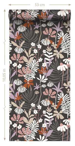 ESTAhome Tapete tropische Blätter und Blüten Grau und Mehrfarbig - 50 x 900 cm - 131001