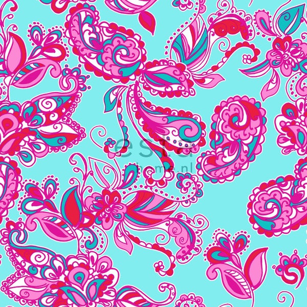 ESTAhome Tapete funky Blumen und Paisleys Türkis und Rosa - 53 cm x 10.05 m - 136840