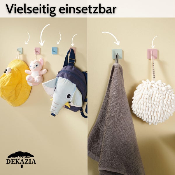 Vielseitig einsetzbare selbstklebende Wandhaken von Dekazia im Kinderzimmer und Badezimmer für Rucksack, Hut und Handtuch. Dekazia Logo.