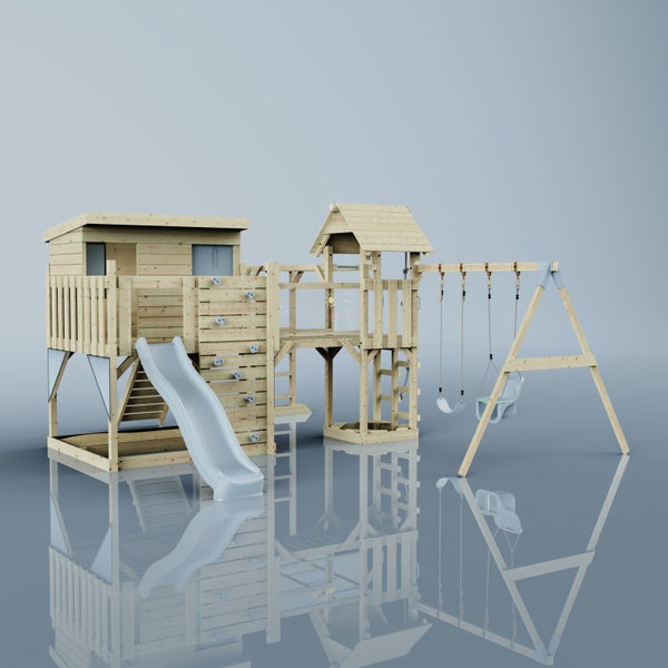 Spielplatz mit Rutsche, Schaukel und Kletterwand aus Holz