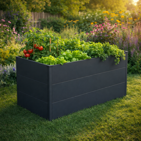 Modernes, rechteckiges Hochbeet aus dunklem Metall in einem Garten, bepflanzt mit Tomaten, Basilikum und Kräutern.