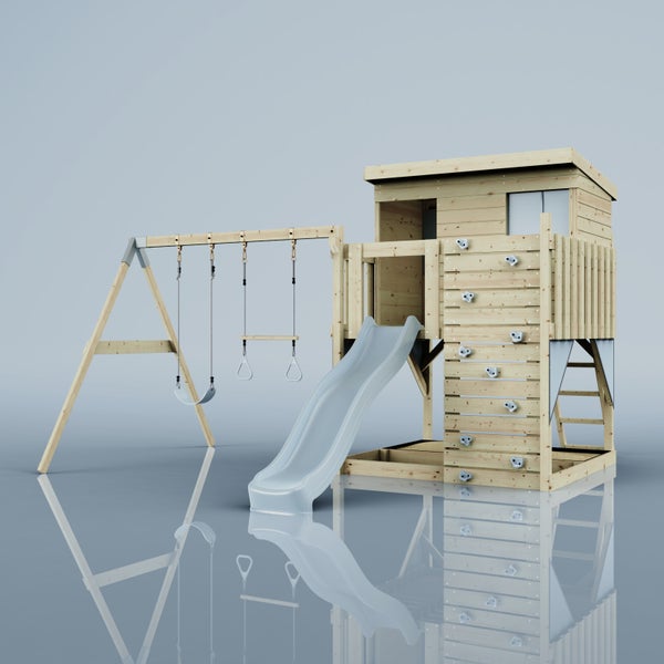 OutdoorToys Spielturm Nils aus Holz in Blau Trapezstange