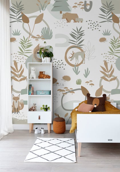 ESTAhome Fototapete Wald mit Waldtieren Graugrün und Beige - 200 x 279 cm - 159256