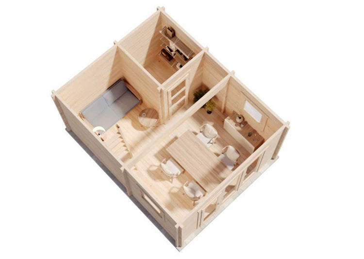 Draufsicht eines Gartenhauses aus Holz mit Terrasse. Der Innenraum zeigt ein Schlafzimmer. Die Terrasse verfügt über ein Geländer, Stuhl und Pflanzen.