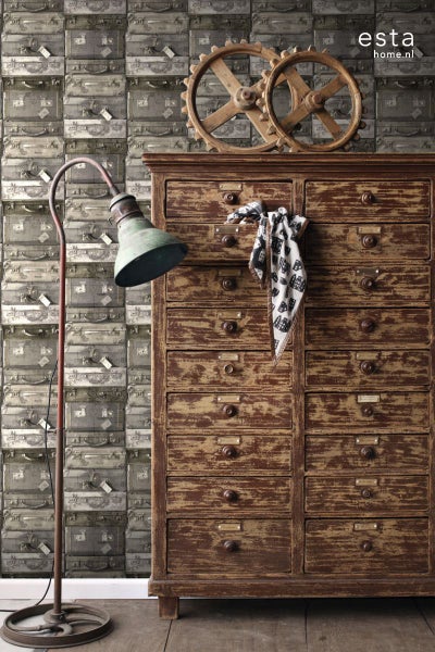 ESTAhome Tapete Vintage Koffer Dunkelbraun - 53 cm x 10.05 m - 138217