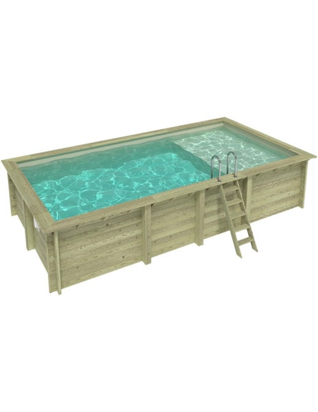 Rechteckiger Pool mit Holzverkleidung und Leiter