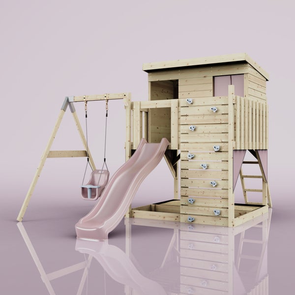 Spielturm aus Holz für Kinder mit Rutsche, Schaukel mit Sicherheitssitz, Kletterwand, Spielhaus, Leiter und integriertem Sandkasten.