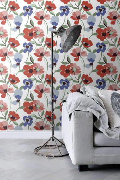 ESTAhome Tapete Mohnblumen Rot, Blau und Grün - 50 x 900 cm - 139289