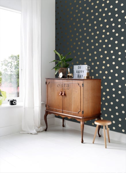 ESTAhome Tapete Punkte Graublau und Gold - 53 cm x 10.05 m - 139246