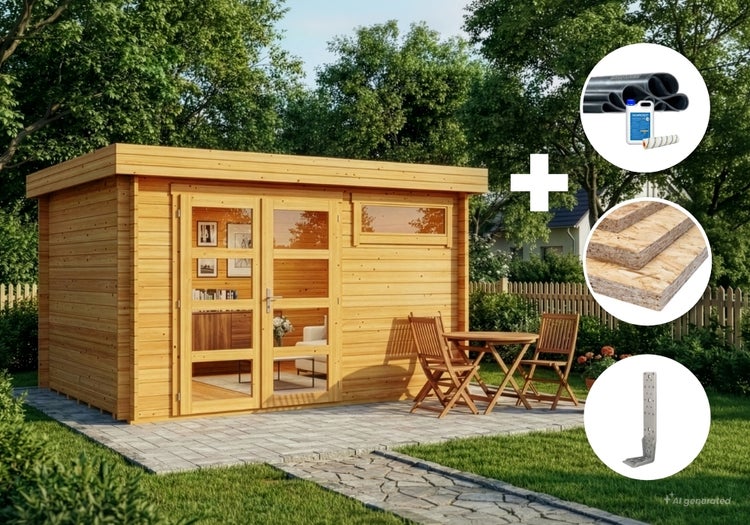 Holzgartenhaus mit Flachdach und Glasdoppeltür inklusive Zubehörset bestehend aus Dachfolie, Kleber, Dachplatten und Montagewinkeln.