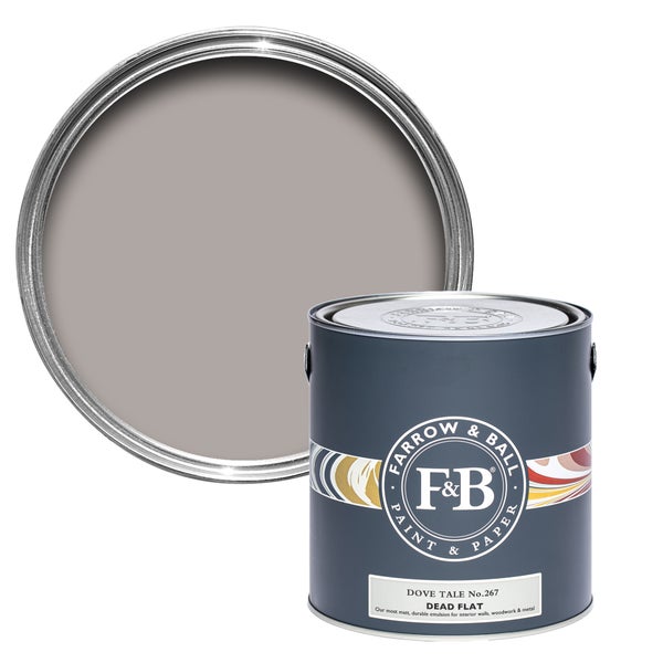 Farbeimer mit geöffnetem Deckel der Marke Farrow and Ball, Farbton Dove Tale No. 267 Dead Flat