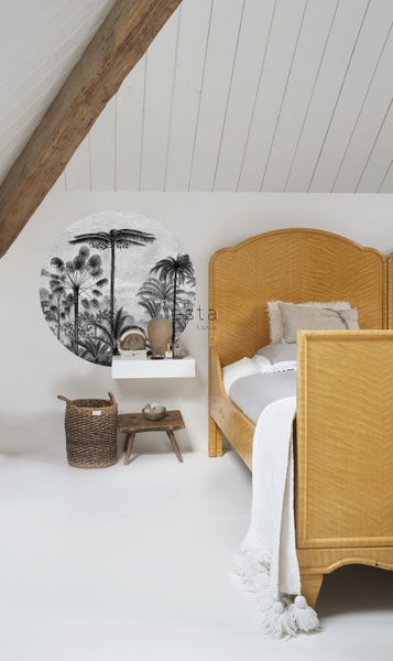 ESTAhome selbstklebende runde Tapete tropische Landschaft mit Palmen Schwarz-Weiß - Ø 70 cm - 158982