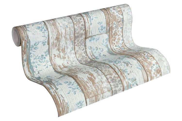 Tapetenrolle mit Holzdekor und Blumenmuster
