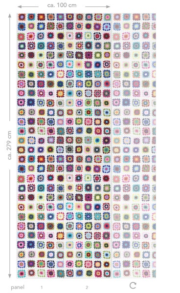 Panel-Tapete mit Patchwork-Muster aus Granny Squares, circa 100 cm breit und 279 cm hoch