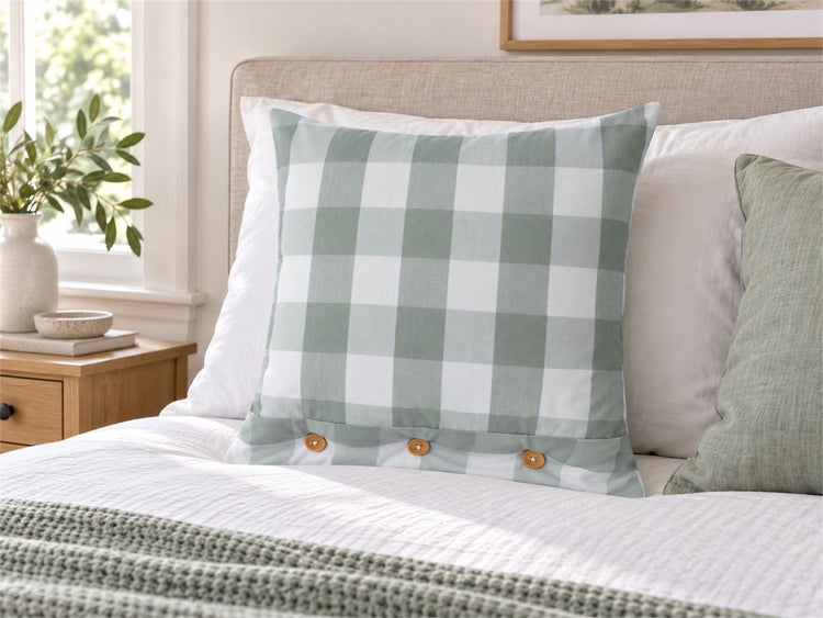 Quadratisches Dekokissen mit kariertem Muster und Knopfverzierung auf einem beigefarbenen Bett.