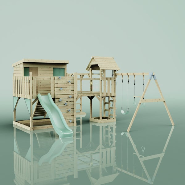 Holzspielhaus mit Rutsche, Kletterwand und Schaukel für den Garten