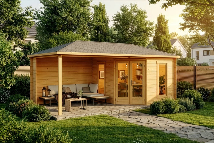 Holzgartenhaus mit Terrasse und Gartenmöbeln in grüner Umgebung