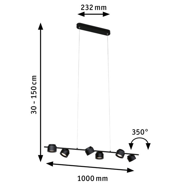 LED-Pendelleuchte mit 6 um 350 Grad drehbaren Spots, Breite 1000 Millimeter, Höhe 30 bis 150 Zentimeter, Baldachin 232 Millimeter.