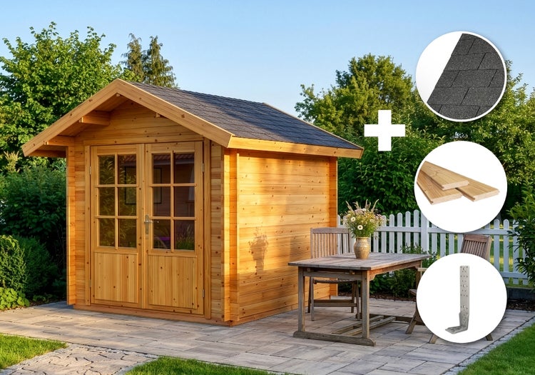 Holzgartenhaus mit Doppeltür, Dachschindeln, Fußboden und Sturmleisten zur Befestigung im Garten auf einer Terrasse.