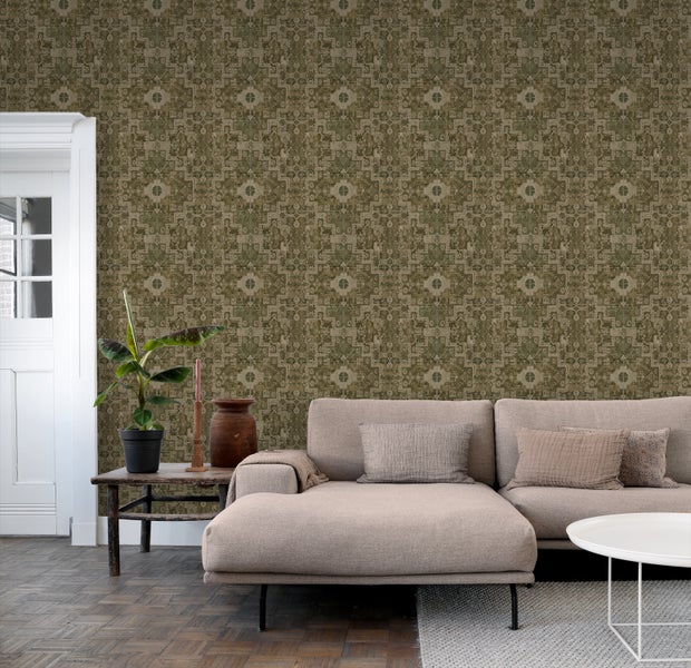 ESTAhome Tapete orientalisches Kelim-Patchwork Olivgrün - 50 x 900 cm - 131359