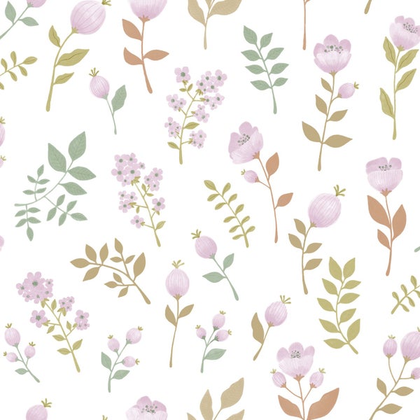 ESTAhome Tapete Blumen Violett und Graugrün - 50 x 900 cm - 139975