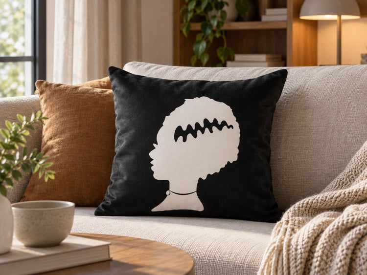 Quadratisches Dekokissen mit grafischem Porträtmotiv auf einem Sofa in einem gemütlich eingerichteten Wohnzimmer.