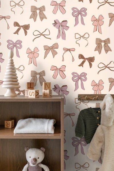 ESTAhome Tapete kleine Schleifen Braun, Rosa und Lila - 50 x 900 cm - 131470