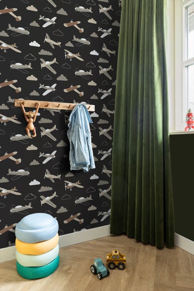 ESTAhome Tapete Flugzeuge Schwarz und Braun - 50 x 900 cm - 139805