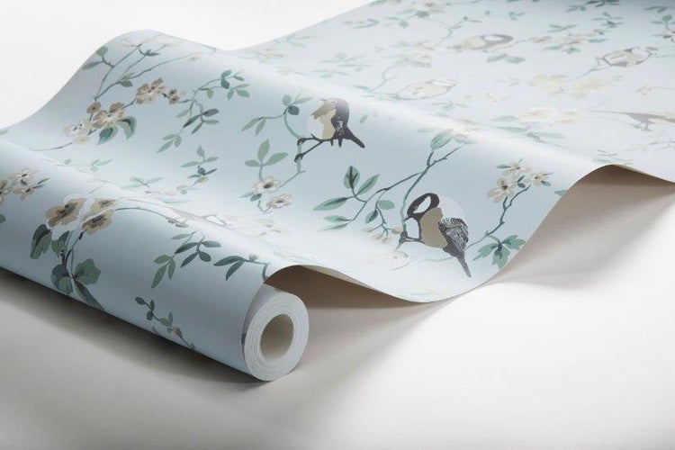 Borastapeter Tapete Blumen und Vögel Graublau - 53 cm x 10.05 m - 660391