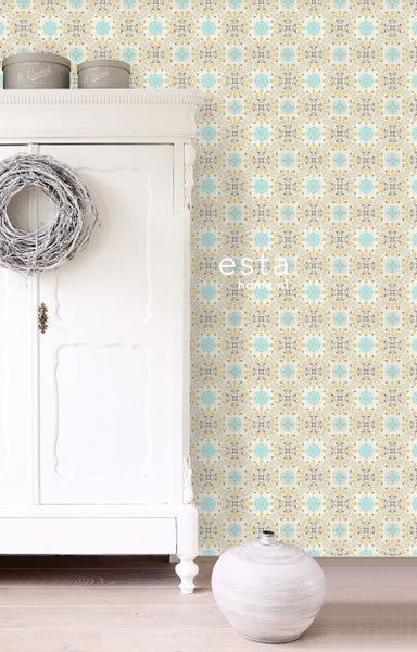 ESTAhome XXL-Vliestapete Folklore Stickerei Beige und Türkis - 50 x 900 cm - 158605