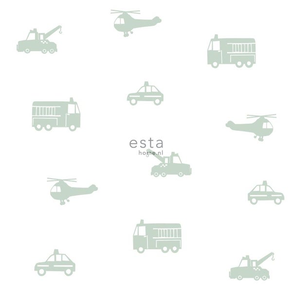 ESTAhome Tapete Autos, Löschfahrzeuge, Hubschrauber und Kräne Mintgrün auf Weiß - 53 cm x 10.05 m - 128856