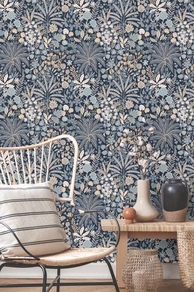 ESTAhome Tapete tropische Blätter und Blüten Graublau und Beige - 0.53 x 10.05 m - 130948