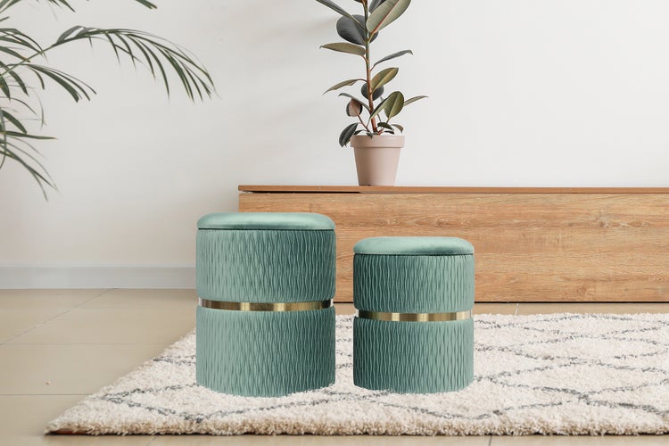 Hocker, 2er-Set stapelbar, mit Stauraum, Edelstahlsockel Mint Rund Ø 31,5 / 36 cm