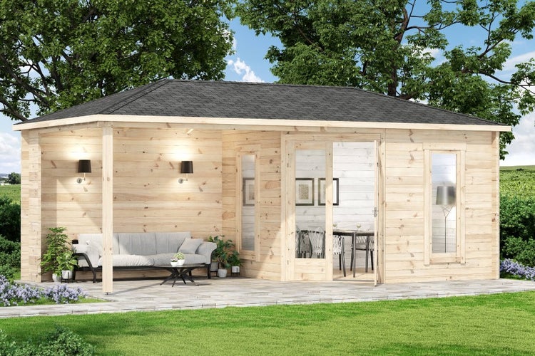 Alpholz 5-Eck Gartenhaus Liwa aus naturbelassenem Holz mit 28 mm Wandstärke und Walmdach, Größe: 595 x 300 cm