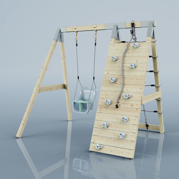Holz-Kinderschaukel mit Kletterwand, Kletternetz und Babyschaukelsitz aus Kunststoff.