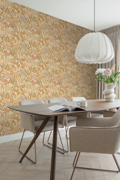 ESTAhome Tapete tropische Blätter und Blüten Terrakotta und Beige - 50 x 900 cm - 131662