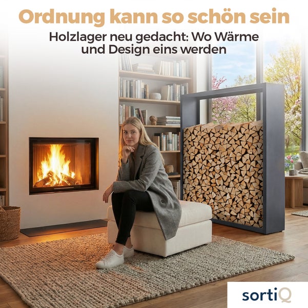 Modernes, helles Wohnzimmer mit brennendem Kamin, Frau auf hellem Hocker und hohem Metallregal gefüllt mit Kaminholz. sortiQ Logo.