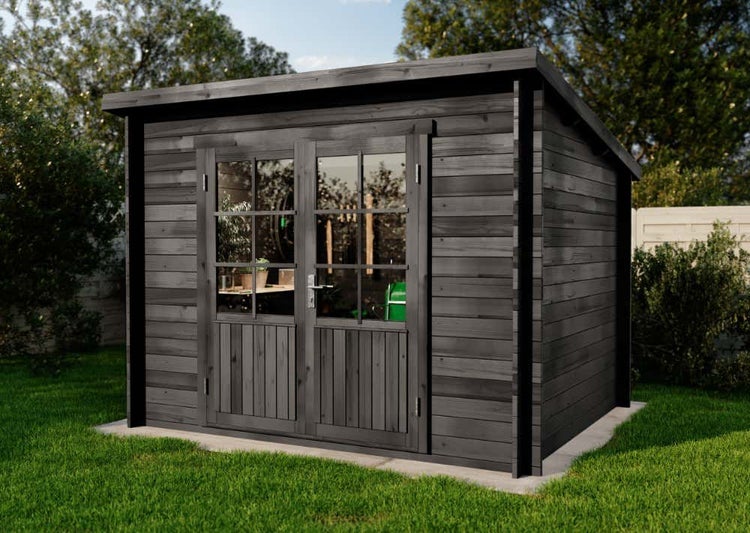 Dunkelgraues Gartenhaus aus Holz mit Pultdach und einer Doppelflügeltür mit Fensterausschnitten, stehend auf einer Rasenfläche.