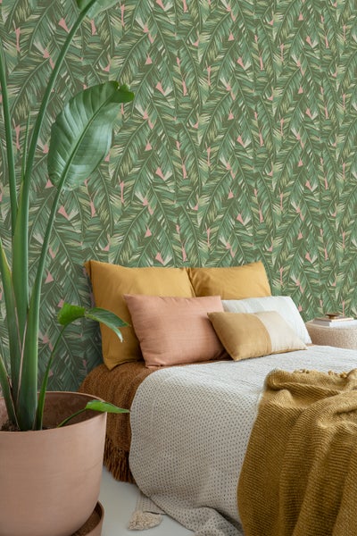 ESTAhome Tapete Bananenblätter Olivgrün und Pfirsichrosa - 53 cm x 10.05 m - 139015