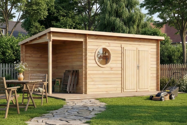 Detailansicht eines Holzgartenhauses mit Holzwand und Holzdach