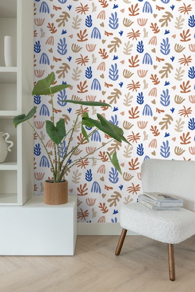 ESTAhome Tapete Pflanzen im Matisse-Stil Beige, Terrakotta und Blau - 50 x 900 cm - 131019