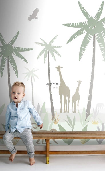 ESTAhome Fototapete Dschungeltiere Grün, Grau und Braun - 200 x 279 cm - 158928