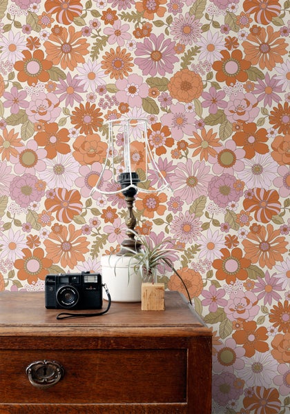ESTAhome Tapete Retro Blumen Lila und Orange - 53 cm x 10.05 m - 130961