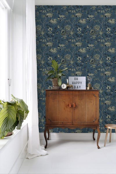 ESTAhome Tapete Blumenmuster Dunkelblau und Olivgrün - 53 cm x 10.05 m - 139315
