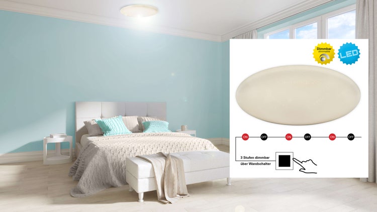 Schlafzimmer mit Bett und dimmbarer LED Deckenleuchte, die über einen Wandschalter gesteuert wird, mit Dimmbar Symbol und LED Symbol