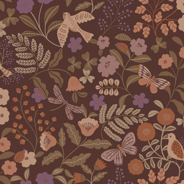ESTAhome Tapete Blumen und Vögel Braun, Grün, Terrakotta und Lila - 50 x 900 cm - 131467